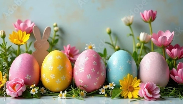Obraz Colorful Easter eggs displayed in a festive arrangement with spring flowers and bunny decorations , Easter, rabbit, happy easter