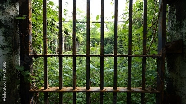 Fototapeta An old weathered window frames a vibrant, overgrown forest scene, the rusty bars of a window forming a stark contrast with the flourishing life beyond.