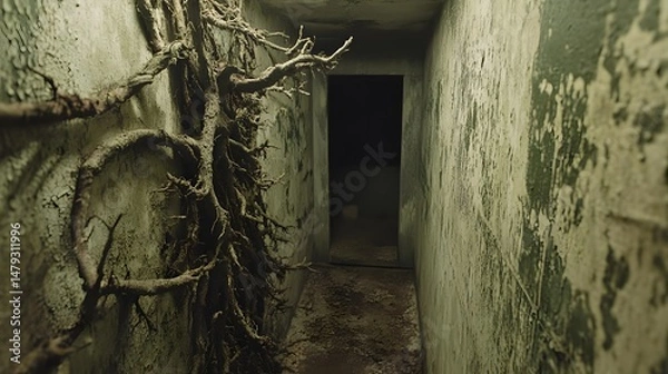 Fototapeta An aged corridor with aged wall design and a creeping, intricate network of roots on the walls, leading to a dark doorway. the scene evokes a sense of mystery and impending transition.