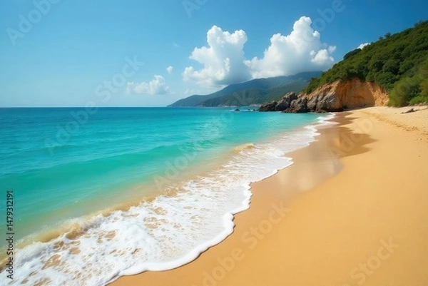 Obraz Golden sand meets turquoise waves, scenic coastline , landscape, seashell