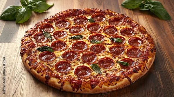 Fototapeta A large pepperoni pizza with a green leaf on top