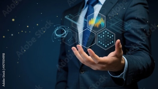 Fototapeta Businessperson displays a digital interface in the palm.