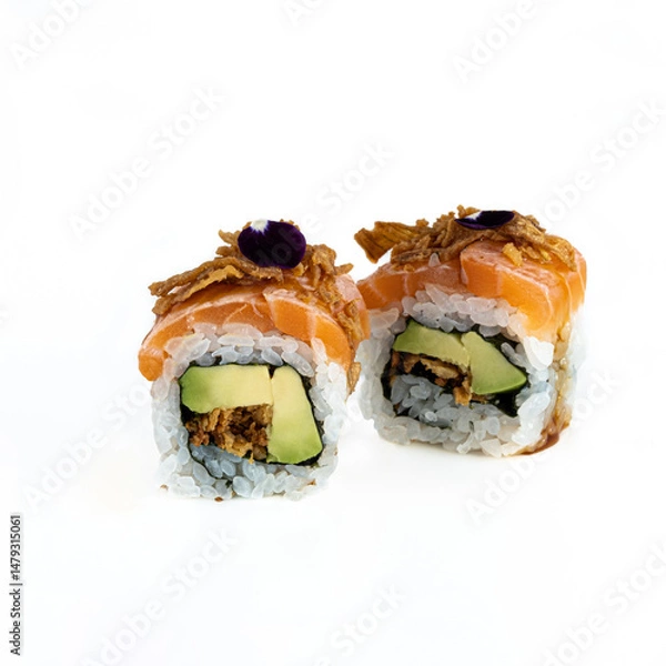 Obraz Salmon Uramaki Roll with Crispy Onion Topping