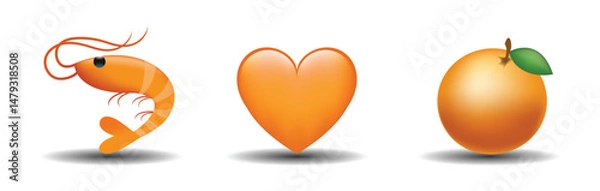 Fototapeta 3 emoticons isolated on white background. Orange color heart, orange fruit, shrimp vector emoji illustration. 3d illustration set.