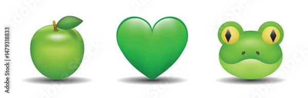 Fototapeta 3 emoticons isolated on white background. Green color heart, apple, frog vector emoji Illustration. 3d illustration set.