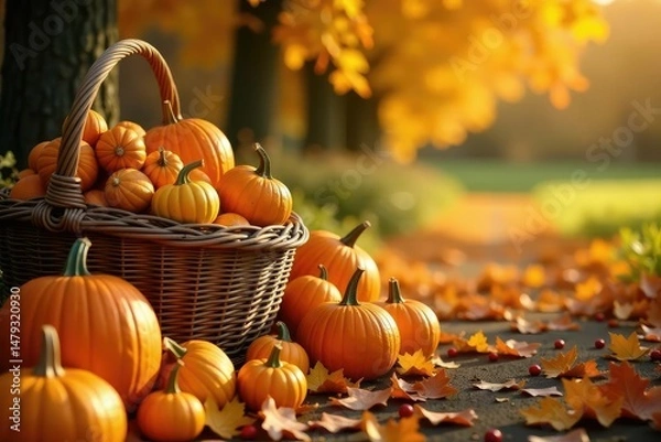 Obraz Abundant fall harvest overflowing from baskets, pumpkins, gourds, and corn Golden sunlight bathes the scene , seasonal, agriculture, autumn