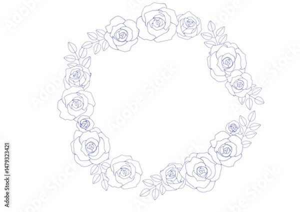 Obraz 万年筆で描いたようなバラの花のリース　塗りなし