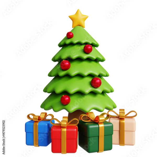Fototapeta Christmas tree with gifts for christmas holiday decoration 3d rendered illustration on transparent background
