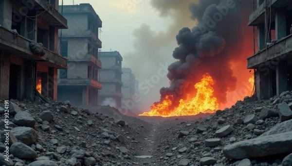 Obraz Devastating bomb blast aftermath, rubble and smoke fill the scene , bomb, burning