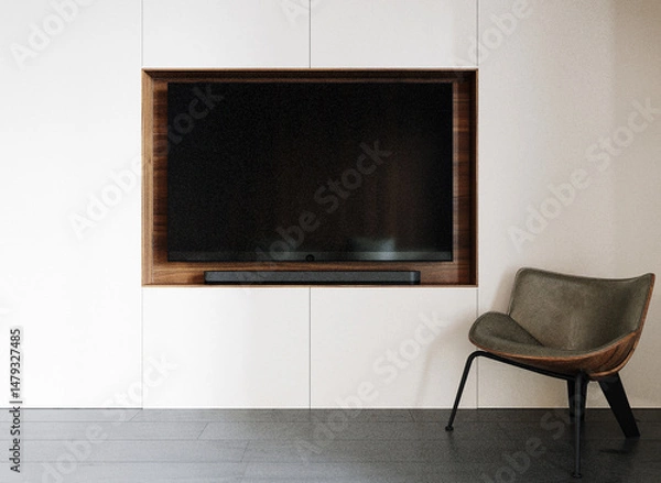 Obraz Modern cozy living room and tv wall texture background interior design. 3d rendeing