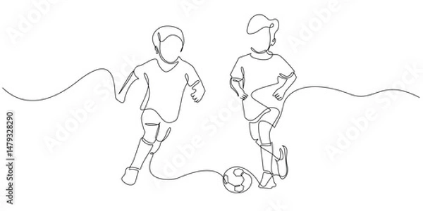 Fototapeta continuous line of children playing soccer happily.single line drawing for competition,soccer school,championship.line art vector illustration