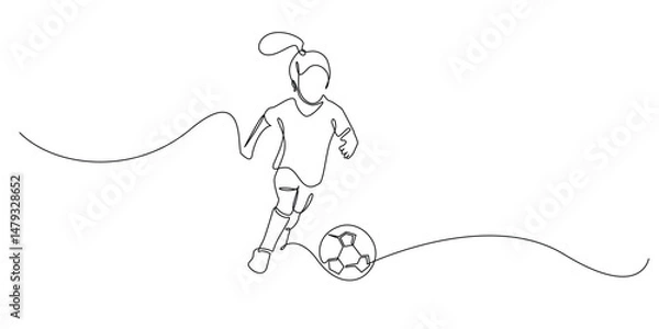 Obraz continuous line of girl playing soccer.single line drawing for competition,soccer school,championship.line art vector illustration