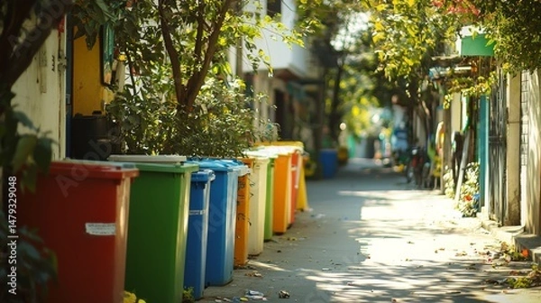 Fototapeta Vibrant Neighborhood with Colorful Trash Bins and Lush Greenery