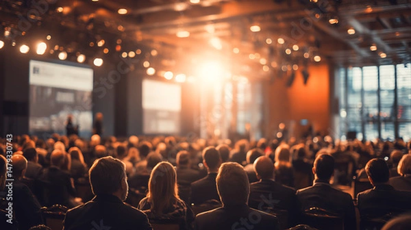 Obraz Business conference interior with audience attentively listening to speaker on stage, warm lighting, blurred background, 