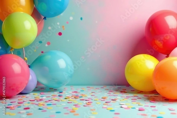 Obraz Vibrant rainbow balloons and confetti scattered on a table, festive party backdrop , shiny, fun, party supplies