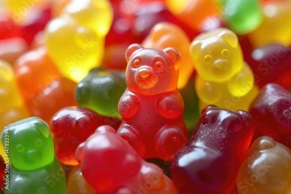 Obraz A colorful pile of gummy bears, various shapes and colors , chewy candy, bear shaped candy