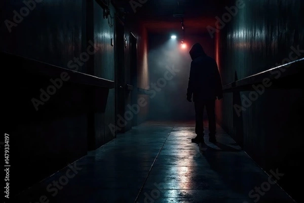 Obraz A shadowy figure lurking in a dimly lit hallway, a sinister presence implied , evil, ominous