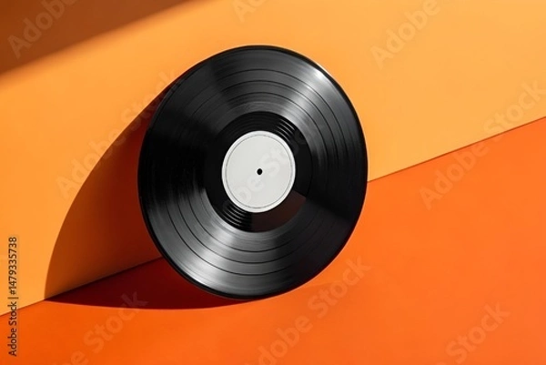 Obraz Glossy Black Vinyl Record on Orange Background – Bold Minimalist Retro Design