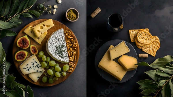 Obraz Food board with variety of cuttings and ingredients on dark background. Catering, serving snacks, lunch aesthetic serving, top view