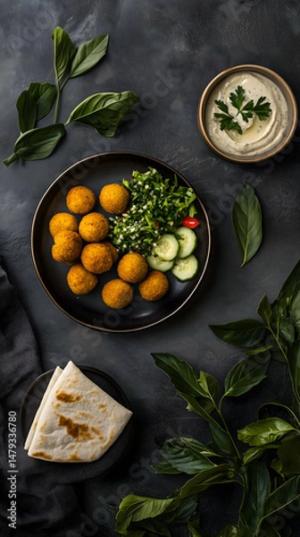 Obraz Food board with variety of cuttings and ingredients on dark background. Catering, serving snacks, lunch aesthetic serving, top view