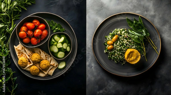 Obraz Food board with variety of cuttings and ingredients on dark background. Catering, serving snacks, lunch aesthetic serving, top view