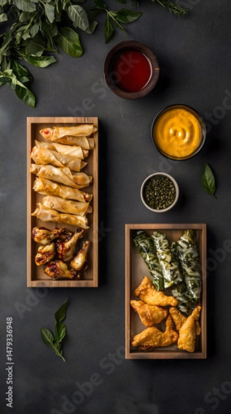 Obraz Food board with variety of cuttings and ingredients on dark background. Catering, serving snacks, lunch aesthetic serving, top view