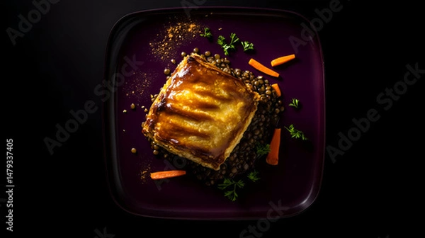 Obraz Homemade traditional salty pie with vegetable filling on black background