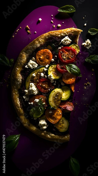 Obraz Homemade traditional salty pie with vegetable filling on black background