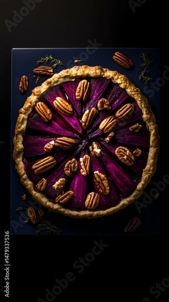 Obraz Homemade traditional salty pie with beets and pecans on black background