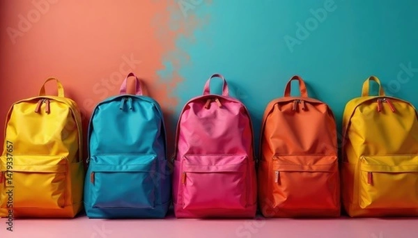 Obraz Colorful backpacks neatly arranged for donation , volunteering, new