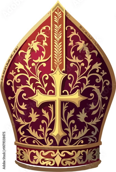 Fototapeta Ornate Vector Illustration of Papal Mitre with Gold Embossed Cross and Baroque Floral Patterns on Burgundy Background – Catholic Bishop Hat Clipart