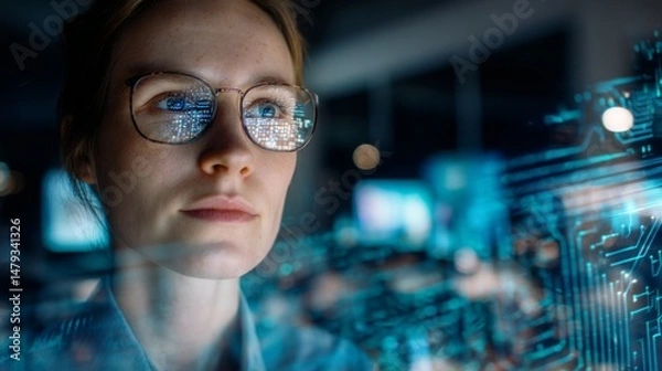 Fototapeta Tech professional analyzing data with holographic interface, symbolizing innovation in digital workspaces
