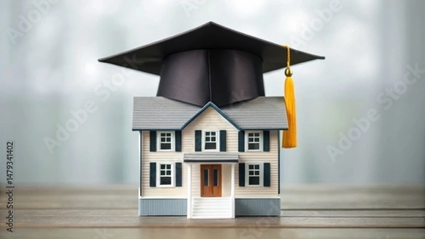 Fototapeta A small house model with a graduation cap on top, symbolizing education and homeownership.