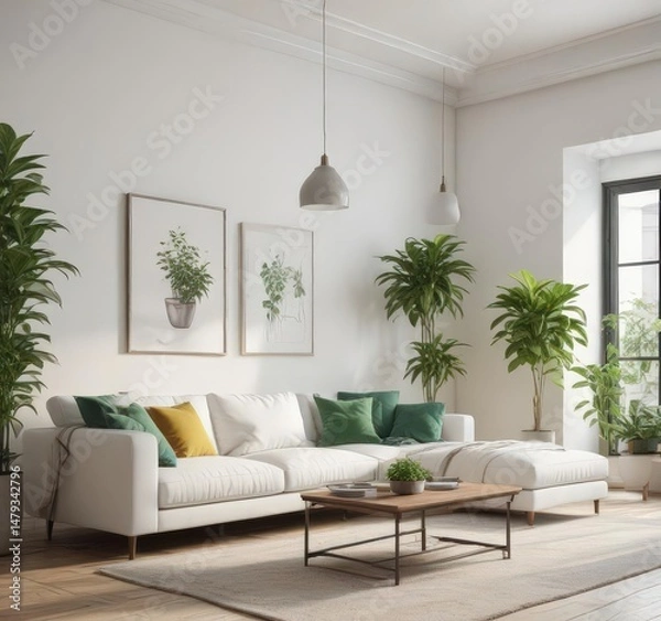 Fototapeta Bright living room, white walls, cozy sofa, green plants ,  apartment,  decor