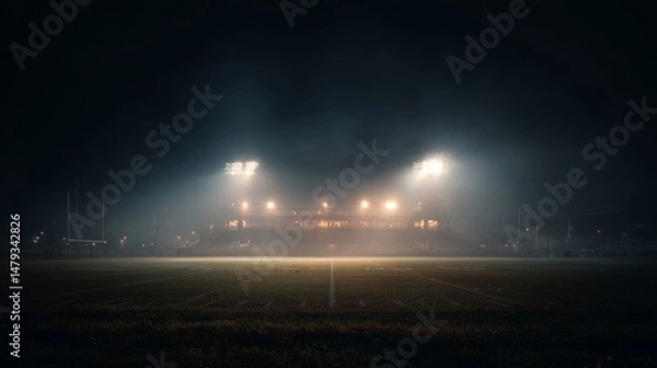 Fototapeta A football field under glowing stadium lights, a dramatic night view from the ground. The intensity of sport under the night sky.
