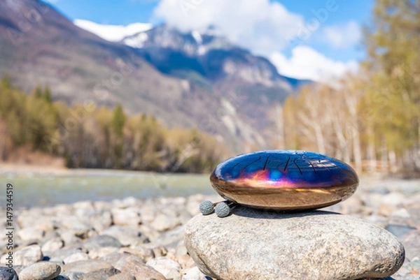 Obraz Steel tongue drum resting on a stone by the river in the Altai mountains. Concept of elemental harmony, raw sound energy, and nature as a sacred space for music and silence