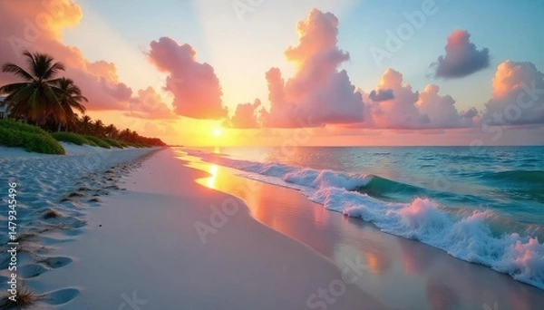 Obraz Tranquil Florida beach scene at sunrise, soft sand, calm ocean waves ,  idyllic,  vibrant
