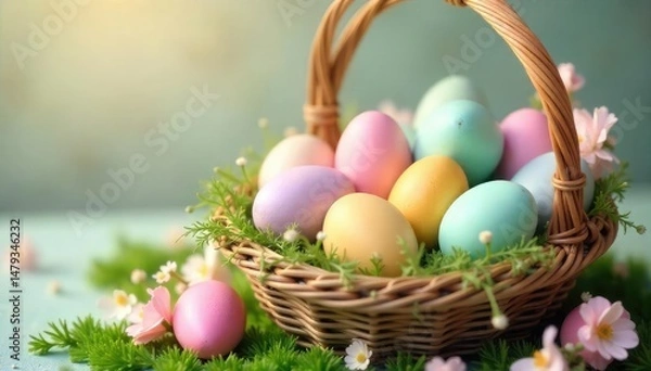 Obraz Vibrant pastel-colored Easter eggs in a basket, ready for a hunt , background, hunt, candy
