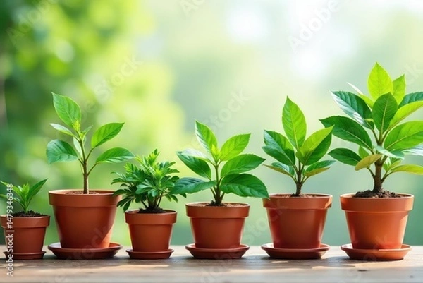 Obraz Vibrant potted plants in various sizes and types, showcasing healthy foliage , desk plants, green