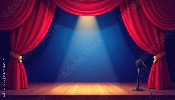 Obraz Vibrant stage clipart featuring theatrical curtains, spotlight, and microphone , illustration, velvet