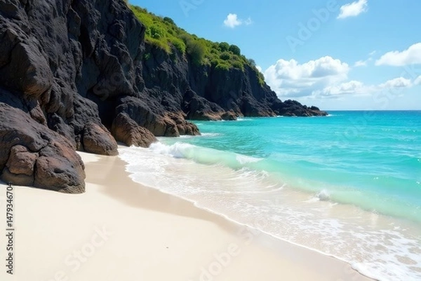 Obraz Volcanic rock meets white sand beach, gentle waves, hawaiian beach, Hawaii, textured