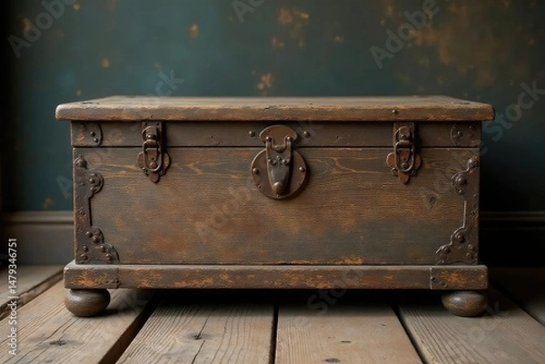 Obraz Weathered, antique wooden chest, showing age and wear, sitting on a rustic floor , knot, storage