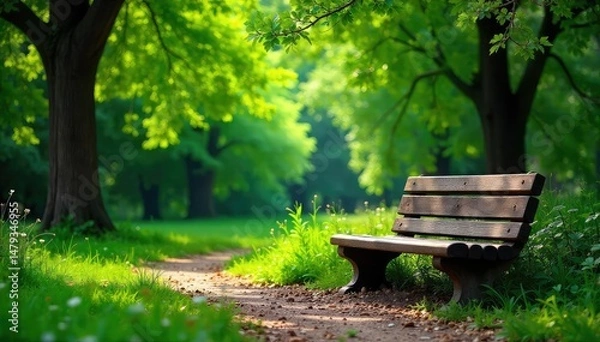 Obraz Wooden park bench, lush green foliage backdrop, garden, summer, wood grain