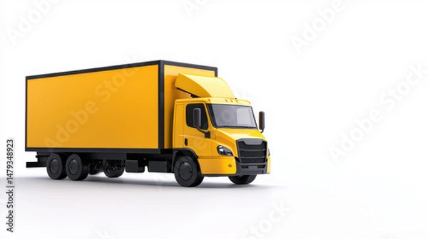 Fototapeta Bright yellow delivery truck with large cargo box stands out against white background, symbolizing efficiency and reliability in transportation