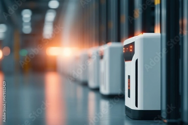 Obraz Row of white autonomous cleaning robots in a modern warehouse or distribution center aisle. Represents high-tech automation, efficiency, and futuristic logistics.