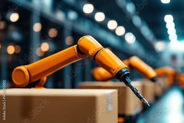 Fototapeta Industrial robotic arm on a conveyor belt handling packages in an automated warehouse, illustrating manufacturing logistics and high-tech automation in distribution center.