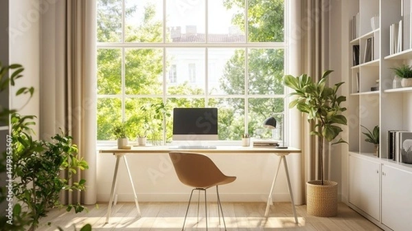 Fototapeta A bright home office with a large window offering a scenic view, sleek furniture, and a clean, organized desk.