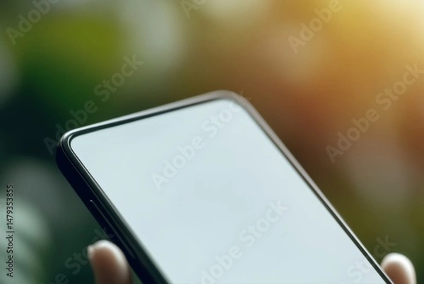 Fototapeta Close-up of a person's hand holding a modern smartphone outdoors, illustrating mobile technology, digital lifestyle, and connectivity in nature.