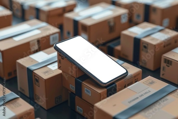 Fototapeta Modern Smartphone App for Delivery Tracking on a Background of Brown Packages in a Logistics Warehouse Setting