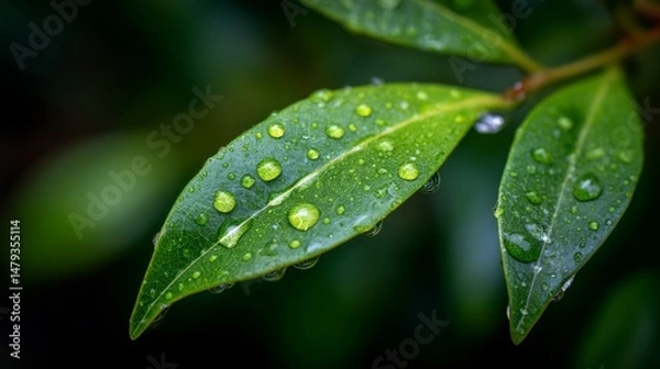 Obraz Fresh green leaf with glistening water droplets, a symbol of nature's delicate beauty
